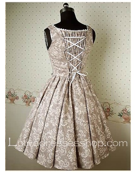 Grey Square Neckline floral print Sleeveless retro Lolita Dresses With Bow And Lace-up Back Style