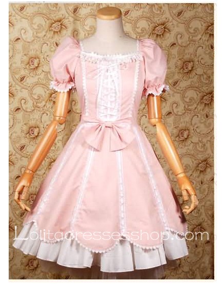 Pink Square-colla separable Short Sleeve classic Lolita dress With layerd Style