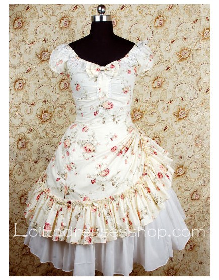 Knee-length Beige Cotton Scoop Neckline country Lolita dress with floral print layered hem Style