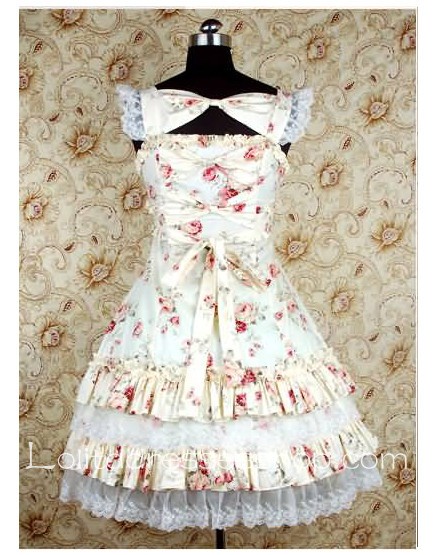 Apricot Cotton U neckline sweet Lolita dress With floral print lace layered Style