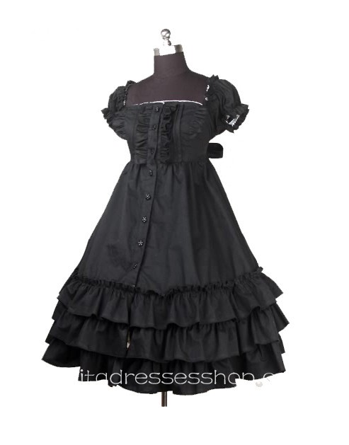Black Square-collar Short Sleeve Empire Waist classic Lolita dress With three Layers Hem Style