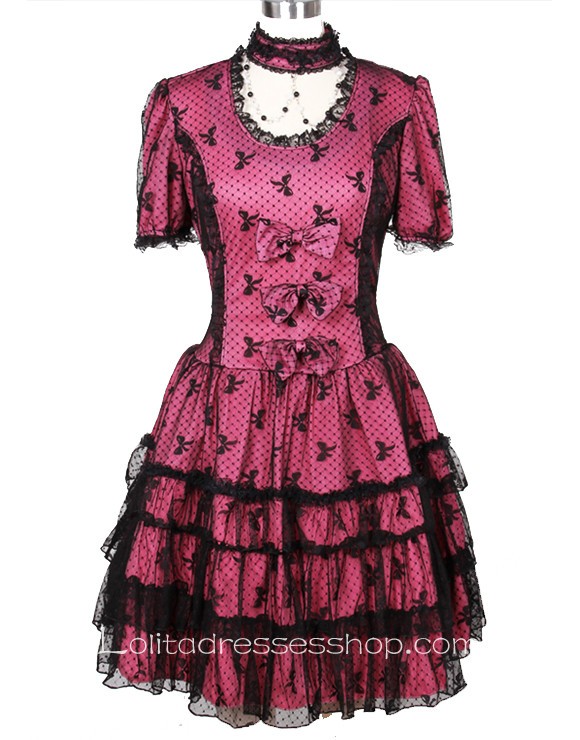 Red/Black short sleeve Lace Gothic Lolita Dresses With multi-layered And Full Print Style