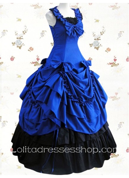 Blue Cotton Square Sleeveless Empire Floor-length Classic Lolita Dress With Bow And Ruffles