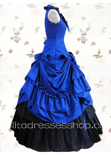 Blue Cotton Square Sleeveless Empire Floor-length Classic Lolita Dress With Bow And Ruffles