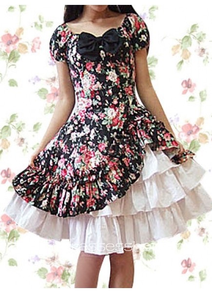 Knee-length Cotton Square Short Sleeves Natural Country Lolita Dress With Tiers
