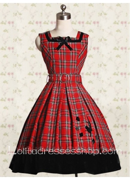 Red Knee-length Cotton Square Sleeveless Empire Classic Lolita With Sash And Ribbon
