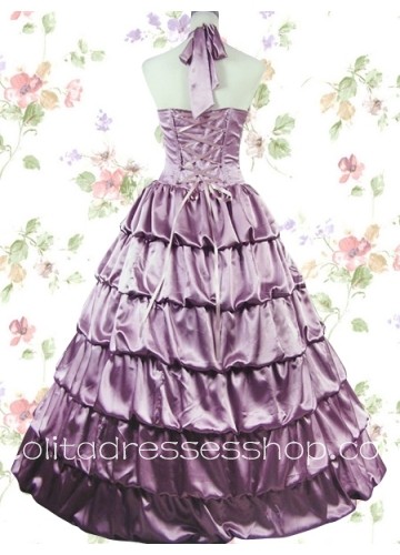 Satin Halter Sleeveless Empire Classic Lolita Dress With Multi-tiers Sweep Train Style