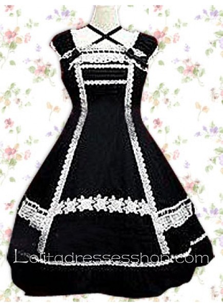 Black Cotton Cross Straps Neckline Sleeveless Empire Classic Lolita Dress