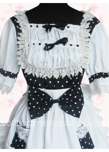 Black And White Square-collar Half Sleeves Knee-length Gothic Lolita Dress With Bow Style