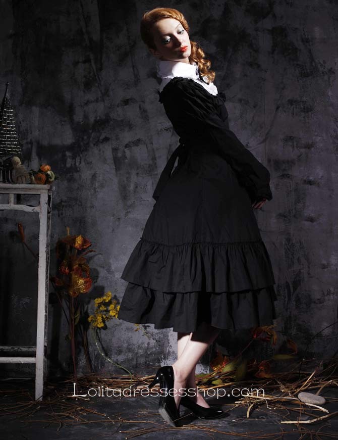 Black Turndown Collar Long Sleeve Empire Tea-length Gothic Lolita Dress With Ruffles And Bows