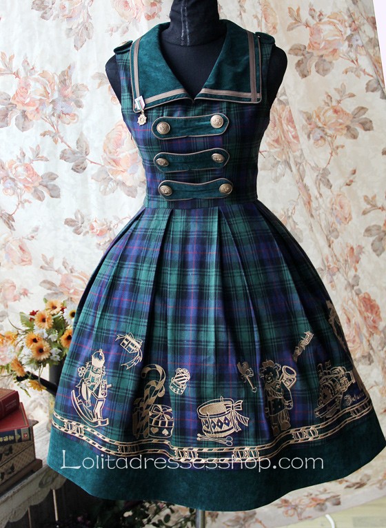 Knee-length Blackish Green Plaid Embroidery Lolita Dress