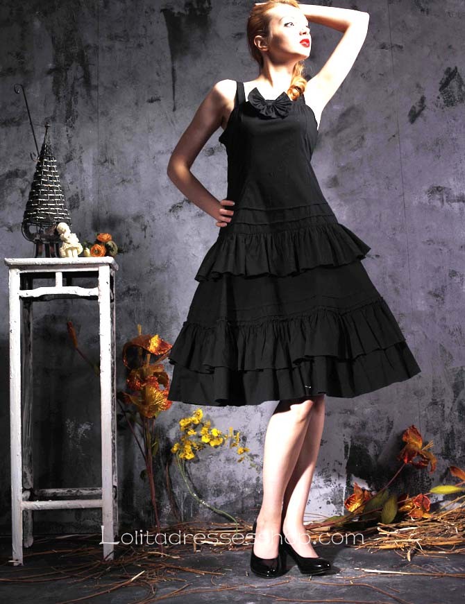 Black Cotton Spaghetti Straps Sleeveless Gothic Lolita Dress With Tiers