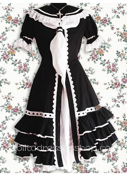 Balck And White Turndown Collar Short Sleeves Tea-length Gothic Lolita Dress With Tiers