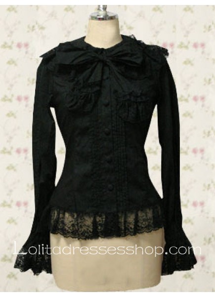 Black Cotton Turndown Collar Long Sleeves Low Cut Lolita Blouse