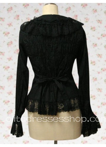 Black Cotton Turndown Collar Long Sleeves Low Cut Lolita Blouse