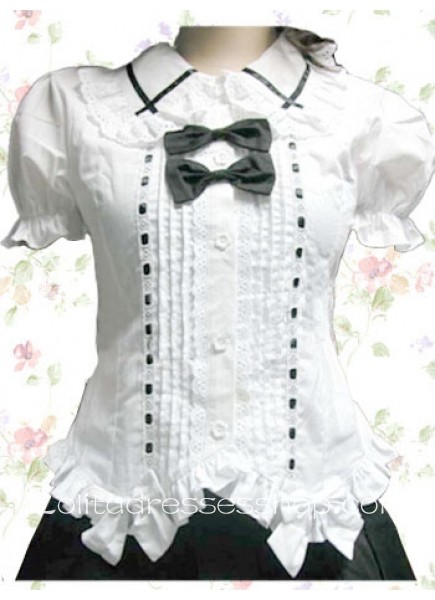 White Cotton Turndown Collar Short Sleeves Lolita Blouse With Bow Ruffles