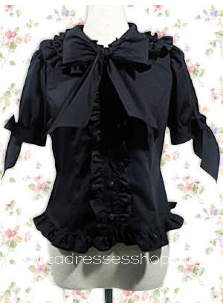 Black Cotton Turndown Collar Short Sleeves Lolita Blouse With Bow Style
