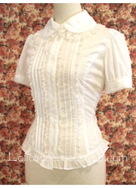 White Cotton Turndown Collar Short Sleeves Lolita Blouse With Lace Ruffles