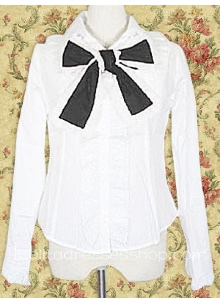White Cotton Turndown Collar Long Sleeves Lolita Blouse With Bow