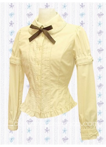 Yellow Turndown Collar Long Sleeves Lolita Blouse With Ribbon And Ruffles
