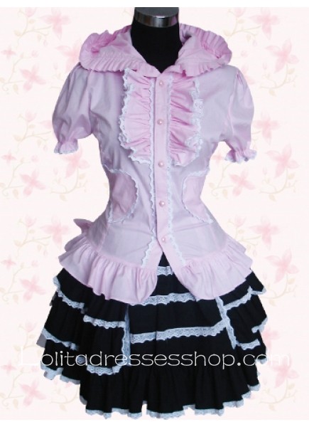 Pink And Black Cotton Turndown Collar Short Sleeves Sweet Lolita Suit