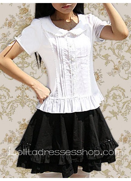 White Cotton Turndown Collar Short Sleeve Sweet Lolita Blouse And Black Skirt Outfit