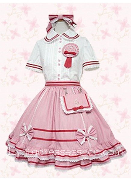White And Pink Cotton Turndown Collar Short Sleeves Lolita Outfit With Bow