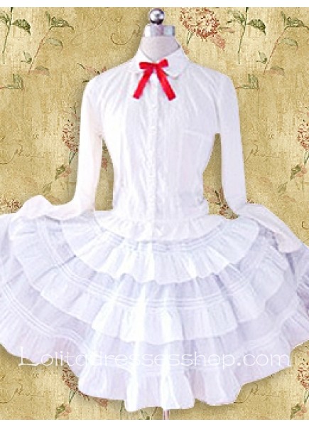 White Cotton Turndown Collar Long Sleeve Lolita Blouse And Skirt Outfit