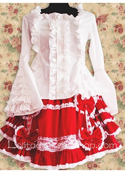 White And Red Cotton Square-collar Long Sleeve Lolita Blouse And Red Floral Lolita Skirt Outfit