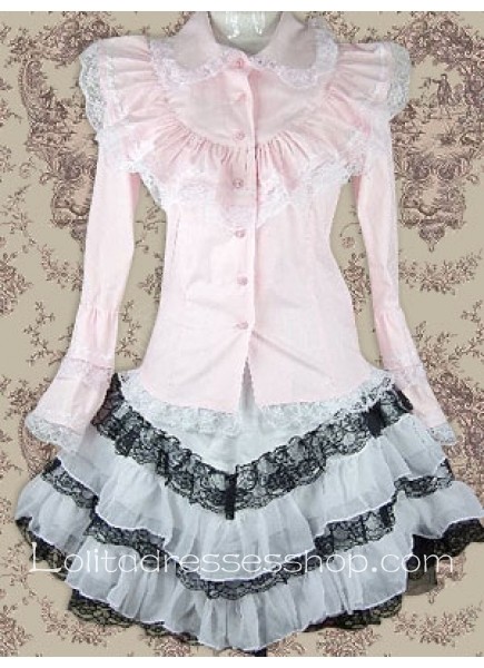 Pink And White Turndown Collar Long Sleeves Cotton Lolita Outfit With Lace And Ruffles