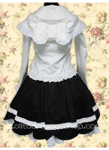 White And Black Turndown Collar Long Sleeve Cotton Lolita Dress Outfit