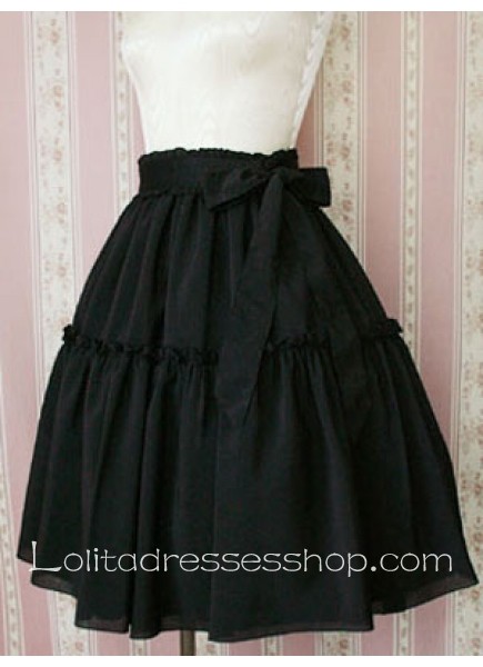 Black Cotton Knee-length Lolita Skirt With Trimmed Hem
