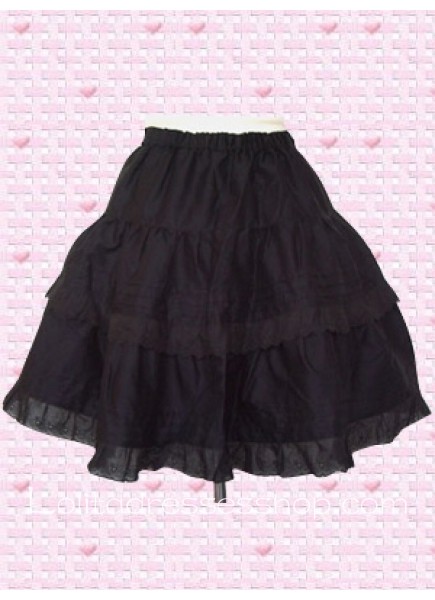 Short Black Cotton Lace Lolita Skirt With Lace and Stripes Trim