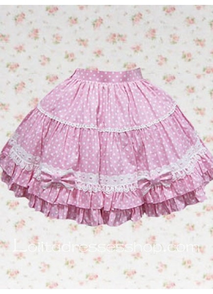 Pink And White Polka Dot Cotton Sweet Lolita Skirt With Lace And Ruffles Hemline