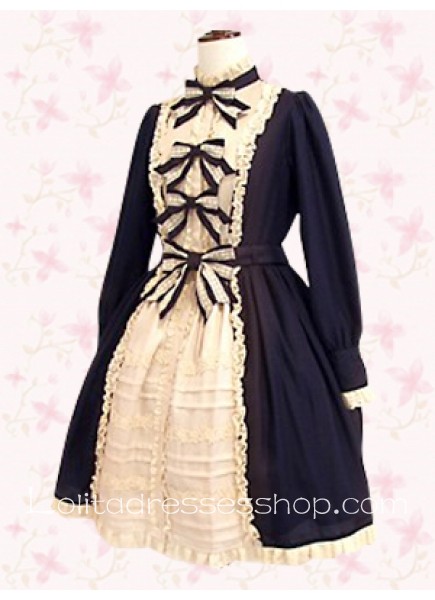 Black And White Stand Collar Long Sleeve Empire Punk Lolita Dress With Black Bow Front Style
