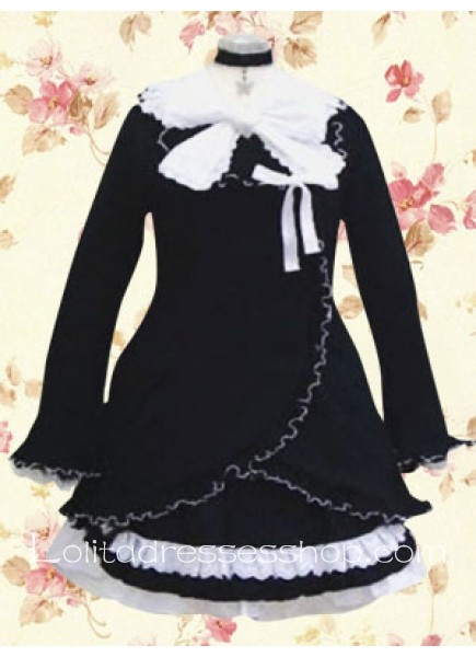 Graceful Black And White Turndown Collar Long Sleeves Punk Lolita Dress With White Bow Front Style