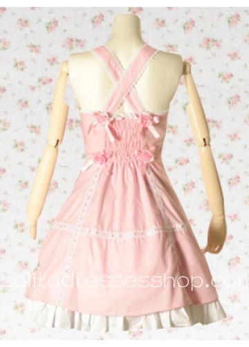 Pink And White V-Neck Sleeveless Knee-length Cotton Appliques Punk Lolita Dress With Ruffles Style