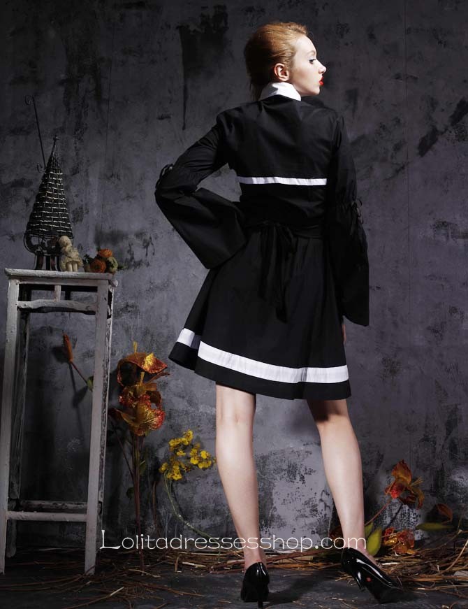 Black Turndown Collar Long Sleeves Knee-length Cotton Punk Lolita Dress With Bow Style