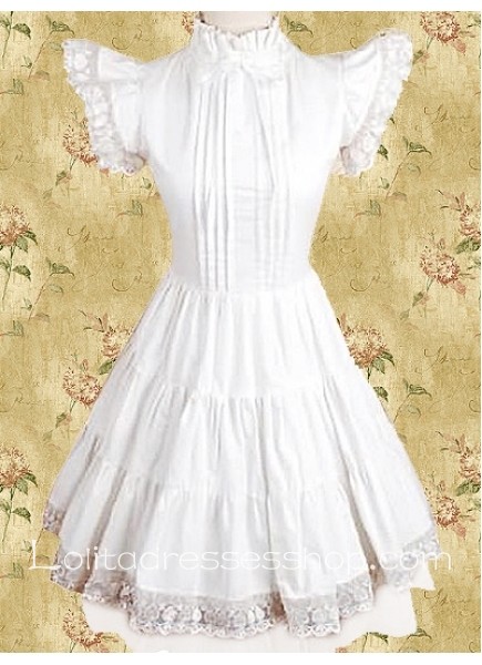White Stand Collar Lace Pintcuks Short Sleeve Sweet Lolita Dress