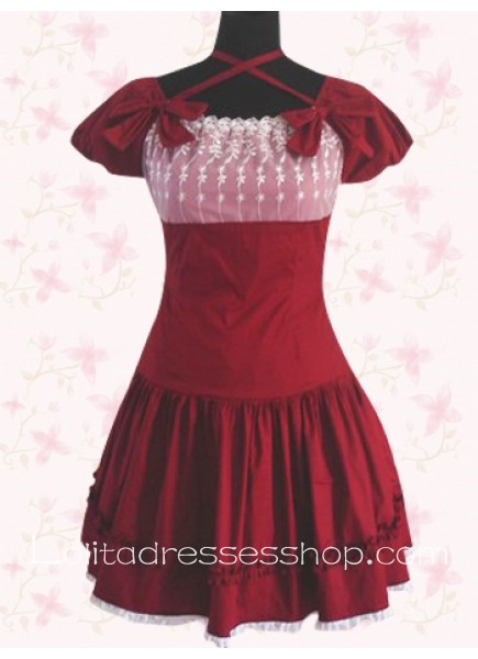 Graceful Dark Red Square Lace Bust Short Sleeves Sweet Lolita Dress