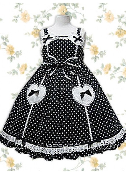 Black Square-collar Polka Dot Applique Sleeveless Tea-length Sweet Lolita Dress With Ruffles