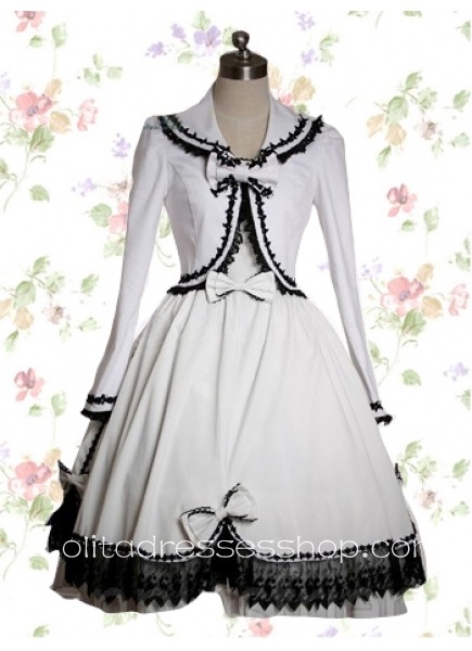 Sweet Turndown Collar Long Sleeves Outfit Cotton Lolita Dress With Black Lace Trim