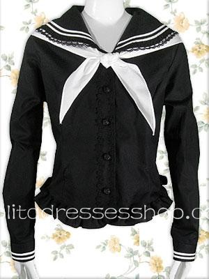 Black Cotton Turndown Collar Sailor Cravat Lolita Blouse