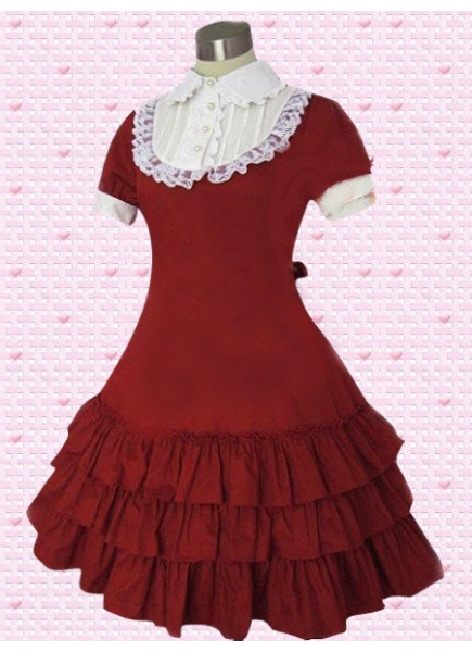 Red And White Cotton Turndown Collar Short Sleeves Knee-length Tiers Ruffles Classic Lolita Dress