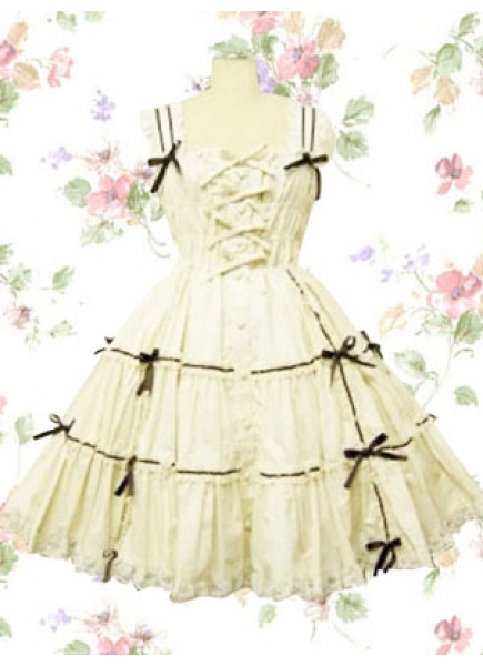 Classic Cotton Square Sleeveless Empire Knee-length Ribbon Ruffles Lolita Dress