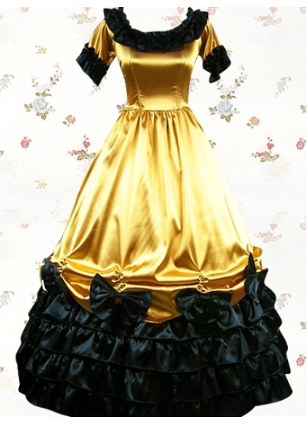 Classic Gold Satin Scoop Short Sleeves Floor-length Ruffles Bows Lolita Dress