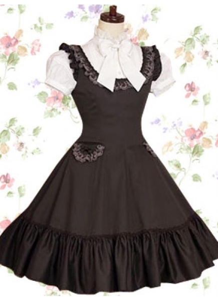 Brown and White Classic Cotton Stand Callor Short Sleeves Knee-length Bow Lolita Dress With Pocket