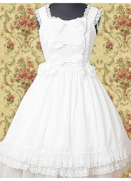White Cotton Scalloped-Edge Sleeveless Knee-length Lace Ruffles Classic Lolita Dress