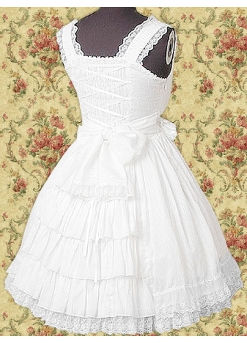White Cotton Scalloped-Edge Sleeveless Knee-length Lace Ruffles Classic Lolita Dress