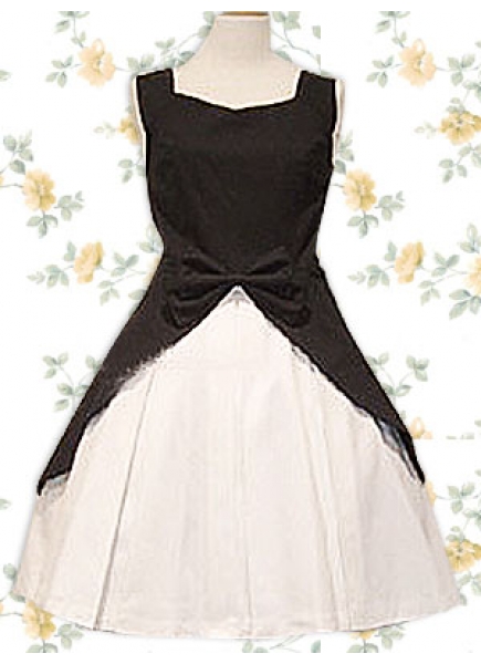White And Black Cotton Square Sleeveless Knee-length Pleats Classic Lolita Dress